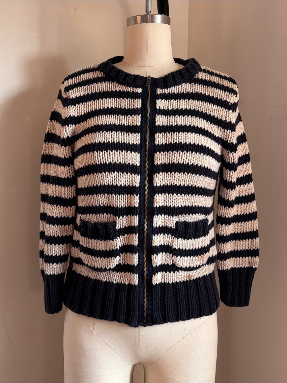 LOFT black and cream striped zip up sweater